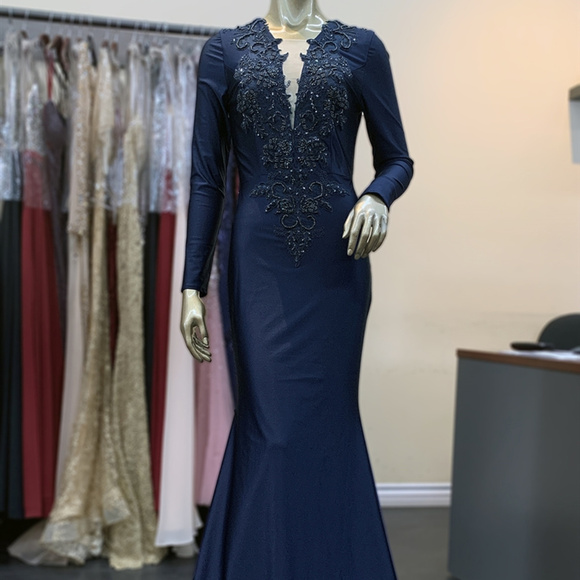 Navy Deep Neckline Evening Long Dress